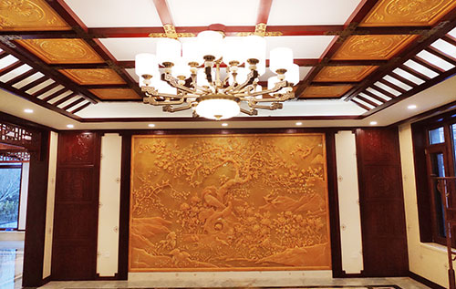 文殊镇中式别墅客厅中式木作横梁吊顶装饰展示